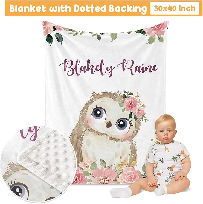 Custom Crib Bedding Set - Owl Design Personalized Name Baby Nursery Bed 3 Pcs Set - Chic Soft Blanket with Dotted Backing, Sheet, Pillowcase for Newborn Girls Boys Gifts Color21-CubbioJoy