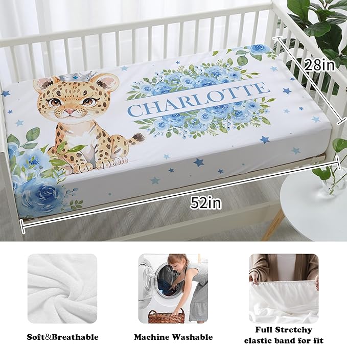 Custom Nursery Crib Bedding Set: Personalized Name 4 Piece Blue Floral Leopard Design Baby Crib Sets for Baby Girls - Toddler Double Layer Blanket Set, Comfortable Crib Bed Sheets for Baby Toddlers-CubbioJoy