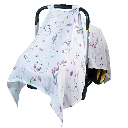 80S Muslin Car Seat Cover for Babies - Soft & Breathable Infant Carrier Canopy, Lightweight Sunshade for Summer, Universal Fit for Baby Boys & Girls-CubbioJoy