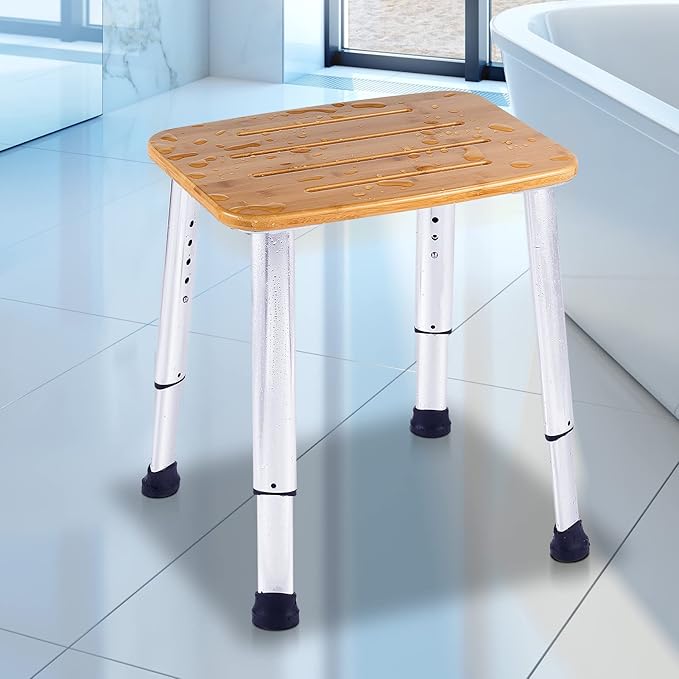 Bathroom Shower Bench Bath Stool Bathtub Seat Spa Chair Foot Rest Step, Height Adjustable Lightweight Waterproof and Rustproof, Bamboo-CubbioJoy