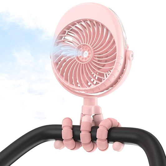 2025 Upgarded 4000mAh Misting Baby Stroller Fan, Rechargeable Battery Operated,Max 15Hrs Cooling,50ml Portable Water Sprayer Misting Fan with Flexible Tripod Clip on Car Seat Crib Treadmill Bunk Bed-CubbioJoy