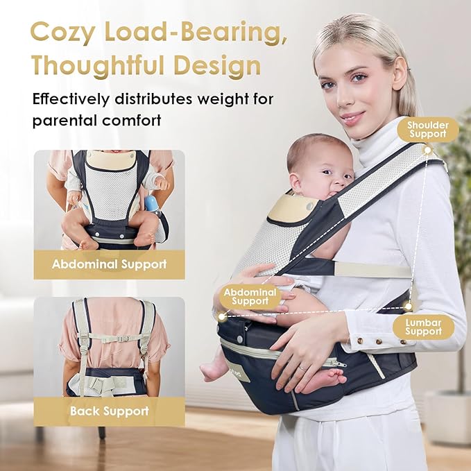 Baby Carrier Newborn to Toddler, Lightweight Ergonomic Baby Hip Seat Carrier Up to 33lbs, Adjustable Extended Waistband Infant Carrier with Breathable Sunshield, Navy Blue-CubbioJoy