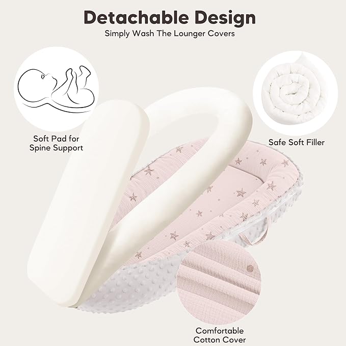 Baby Lounger - Infant Lounger Pillow for Newborn 0-24 Months, Soft, Breathable & Portable Baby Lounger Pillow for Boys & Girls, Cozy Baby Floor Seat for Home & Travel (Pink Star)-CubbioJoy