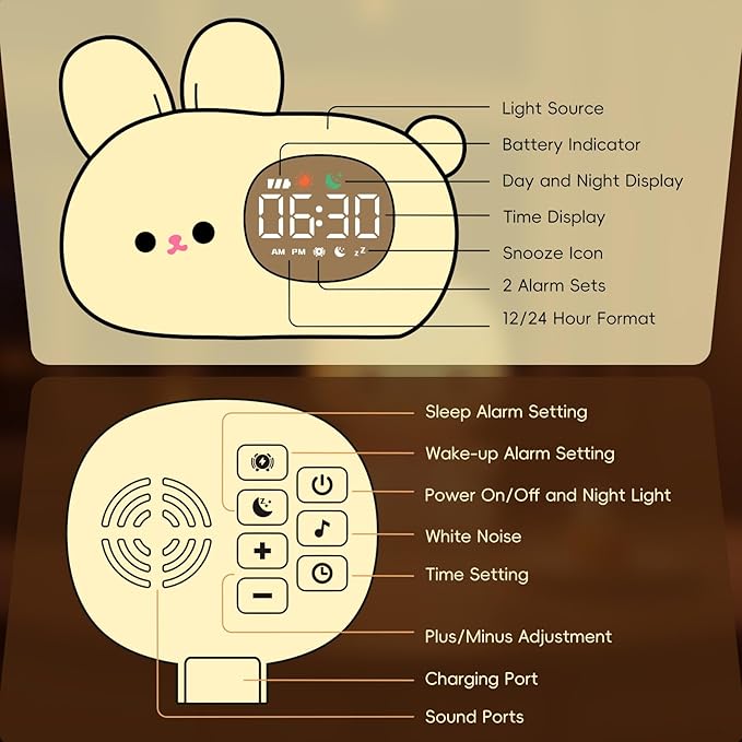 Bunny Alarm Clock with Night Light for Kids with Sleep Training and Sound Machine, Rechargeable Silicone Lamp OK to Wake Clock，Cute Animal Tabletop Lamp, Perfect Sleep Companion for Boys Girls-CubbioJoy