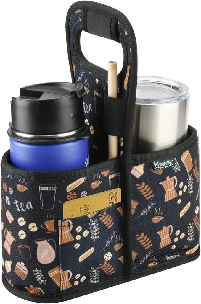 Beautyflier Drink Carrier with Handle for Delivery Reusable Insulated Coffee Cup Carrier Portable Cup Holder with Handle Organizer Tote Bag for Hot & Cold Drinks (2 Cup, Pattern3)-CubbioJoy