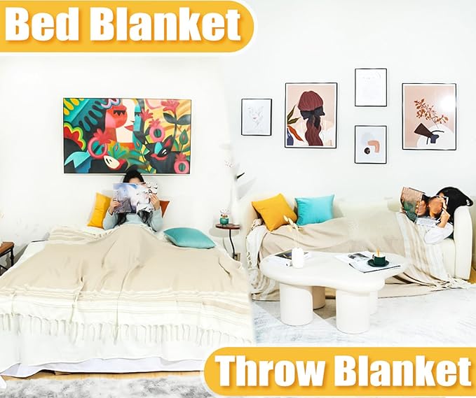 Boho Beige Throw Blanket Bedroom Living Room Accessories Sofa Couch Chair Essential Bohemian Aztec African Southwest Neutral White Fall Antique Vintage French Country Primitive Cottage Nursery Decor-CubbioJoy