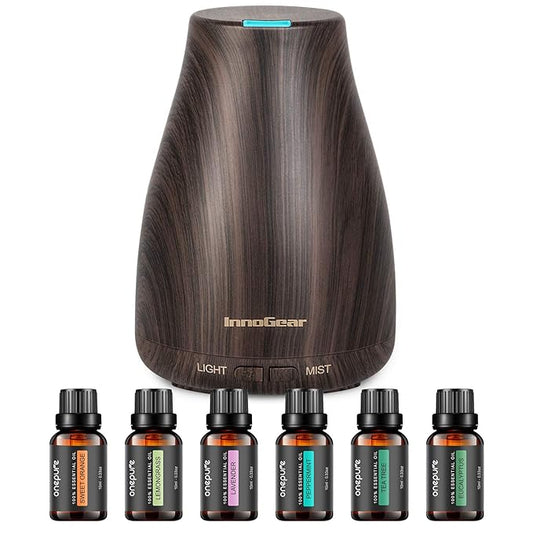 InnoGear Essential Oil Diffuser with Oils, 100ml Aromatherapy Diffuser with 6 Essential Oils Set, Aroma Cool Mist Humidifier Gift Set, Dark Wood Grain-CubbioJoy