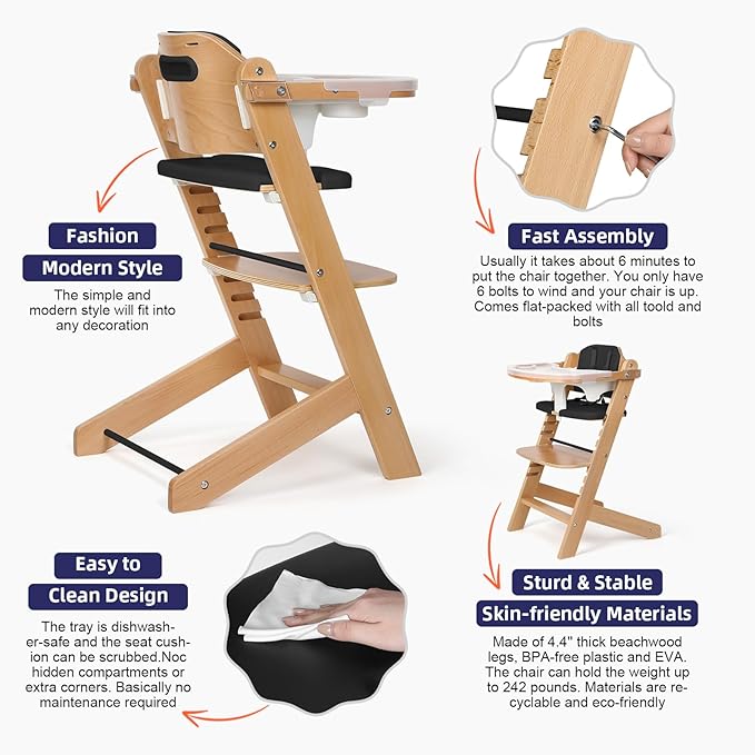 Cowiewie Natural Wooden High Chair for Babies & Toddlers 3-Tier Remove & 2 Adjustable Tray, 8 Adjustable Highchair with Cushions, Easy to Clean (Black)-CubbioJoy
