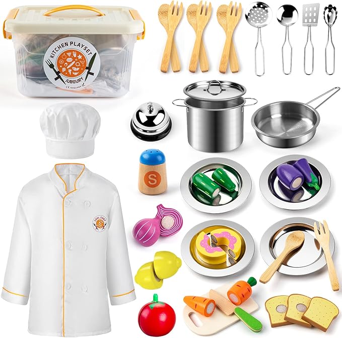 Juboury Pretend Play Kitchen Set - Toy Kitchen Accessories with Stainless Steel Cookware Pots and Pans, Plates, Cooking Utensils, Kids Chef Coat & Hat, Wooden Play Food for Kids, Girls, Boys, Toddlers-CubbioJoy