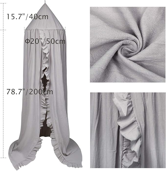 Bed Canopy with Frills Reading Nook Game Tent for Kids Boho Hanging Net Play Room Decor(Light Grey)-CubbioJoy