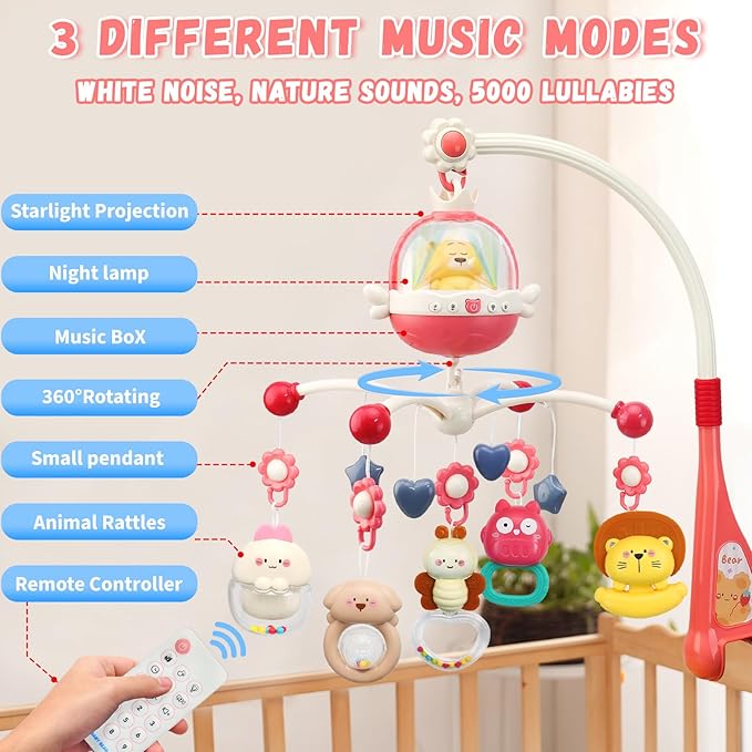 Baby Crib Mobile with Night Lights and Music,Hanging Mobile for Crib Bassinet with Rotation, Projection,Remote Control,Babies Crib Toys for Nursery Newborn Infant Boys Girls (Pink)-CubbioJoy