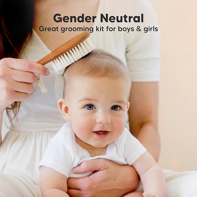 Baby Hair Brush and Comb Set for Newborn - Wooden Baby Hair Brush Set with Soft Goat Bristle, Baby Brush Set for Newborns, Baby Brush and Comb Set Girl, Boy, Toddler Cradle Cap Brush(Oval, Golden Oak)-CubbioJoy