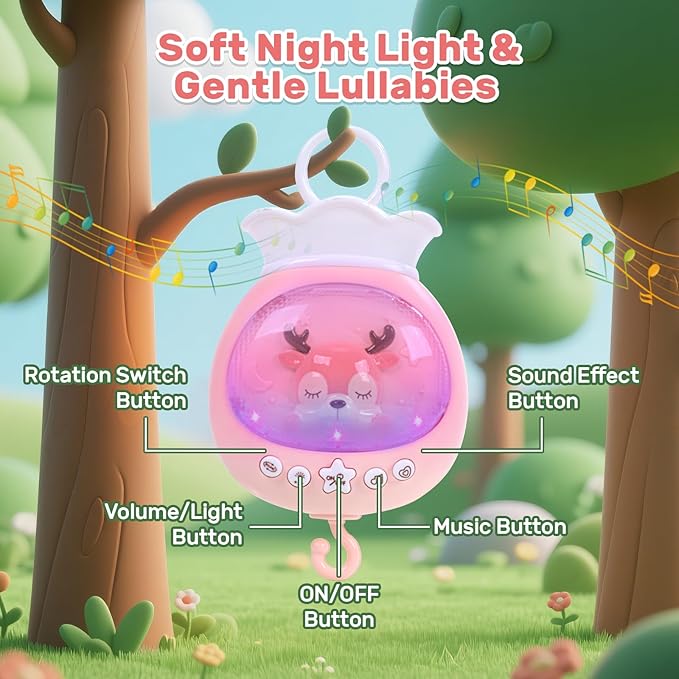 Baby Crib Mobile for Girls with Music, Lights & Projection, Adjustable Volume, 360° Rotating Plush Crib Toys with Detachable Musical Box, Hanging Mobile for Crib, Nursery Decor-CubbioJoy