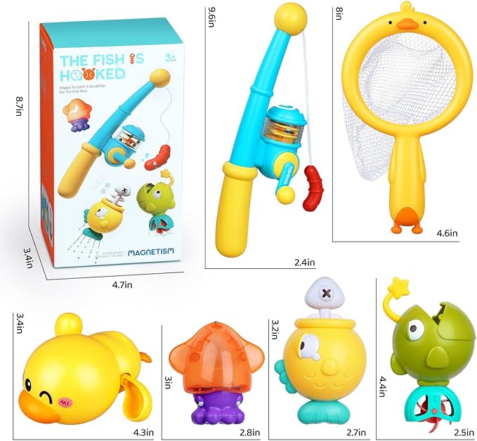 Baby Bath Toys for Kids Ages 1-3, Magnetic Fishing Games with Floating Bathtub Wind-Up Toys & Fishing Net, Fishing Rod Water Pool Toys for Toddlers 1-3-CubbioJoy