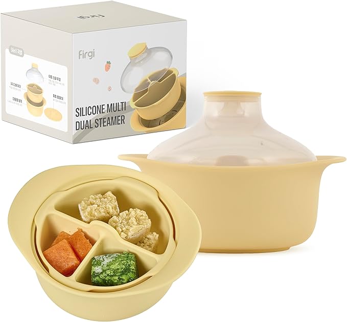 48oz Platinum Silicone 3 Compartmented Microwave Steamer Pot with Handle & Lid - Korean 100% Food-Grade Steamer Bowl, Heat-Resistant Cooker with Steam Holes, Easy Clean, Dishwasher Safe, Yellow-CubbioJoy