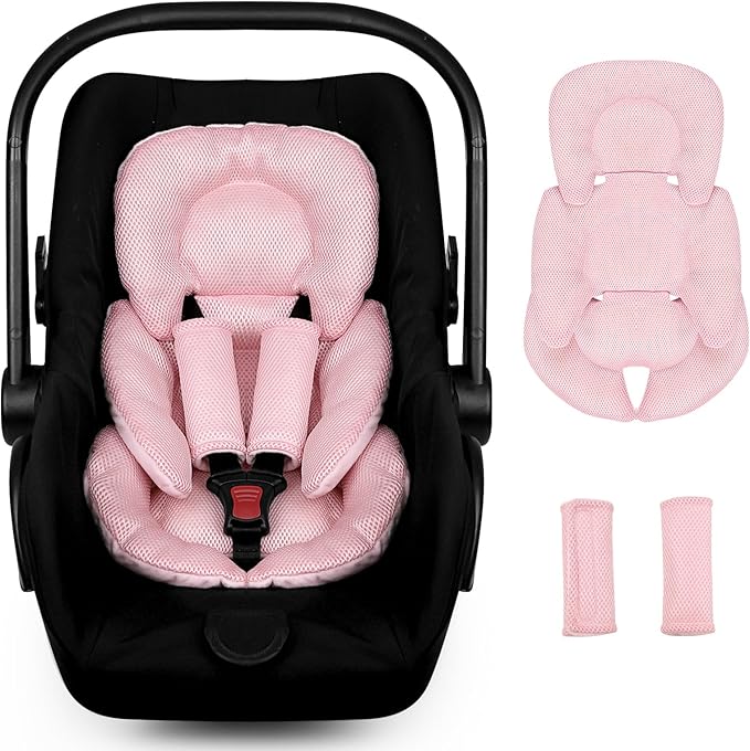 Infant Car Seat Insert for Newborn Girls Boys, Summer Mesh Baby Carseat Head Support with Strap Pads, Soft Reversible Baby Car Seat Insert Cushion Pad for Car Seat, Stroller, Bouncer, Swing, Pink-CubbioJoy