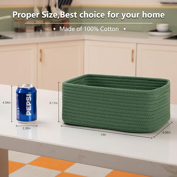 4 Pack Small Storage Shelf Baskets for Organizing, Mini Woven Rope Storage Bins for Towels, Cute Decorative Closet Organizer，Baby Nursery, Gift Empty Baskets -13''Lx8.66''Wx5.11''H-Green-CubbioJoy