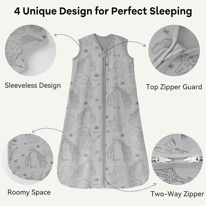 Baby Sleep Sack 12-18 Months 0.5 Tog Wearable Blanket Baby, 3 Pack 100% Cotton Lightweight Sleeping Sack with 2-Way Zipper for Infant Toddler Apricot Gray Green Elephant-CubbioJoy