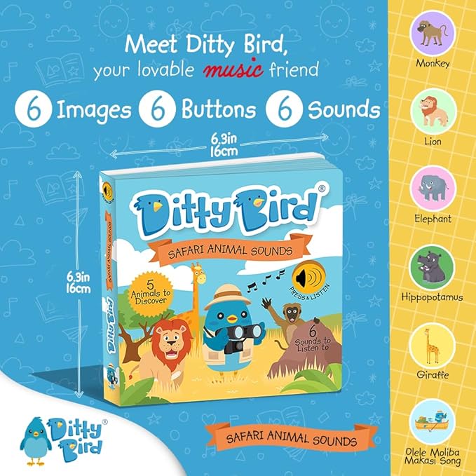Ditty Bird Safari Book for Toddlers | Realistic Animal Sound Book | Interactive Safari Board Books for Toddlers 1-3 | Sensory, Musical Books for Animal Lovers | Sturdy Nursery Rhyme Toys for Baby-CubbioJoy