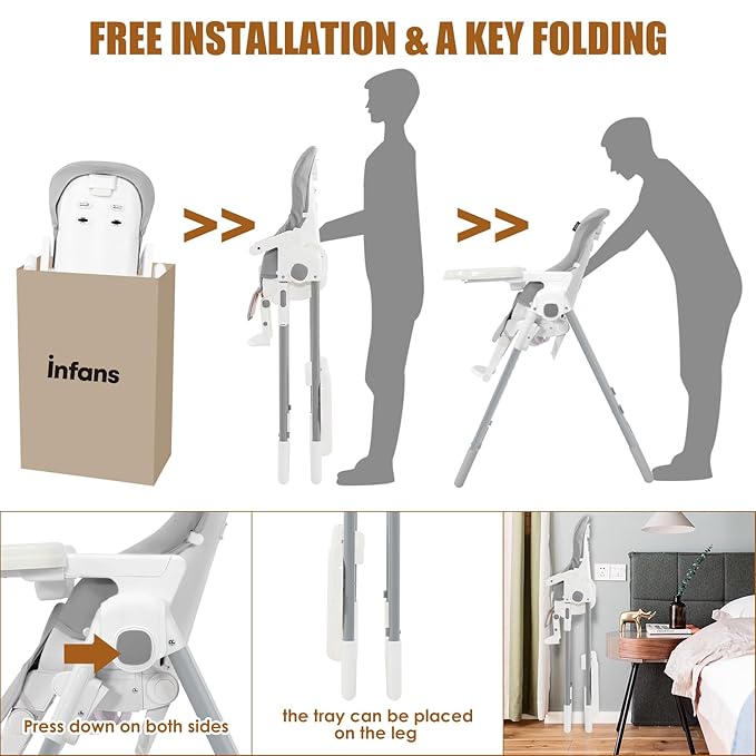 INFANS High Chair for Babies & Toddlers, Foldable Highchair with Multiple Adjustable Backrest Footrest Seat Height, Removable Tray, Detachable PU Leather Cushion Wheels (with Booster, Light Grey)-CubbioJoy