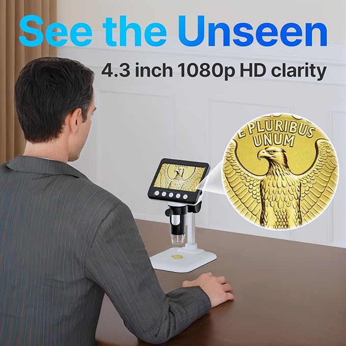 Coin Microscope for Error Coins, 4.3 inches 1080P LCD Digital Microscope, 50x-1000x Magnifier with 8 Adjustable LED Lights, PC View, Compatible with MacOS Windows for Adults Kids-CubbioJoy
