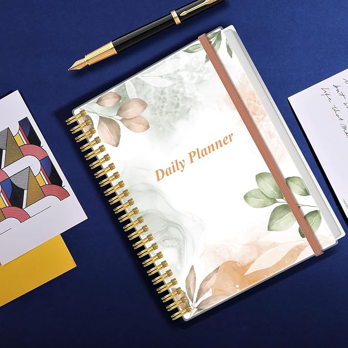 Daily Planner Undated - B5 To Do List Notebook Hourly Schedules, Spiral Appointment Planner for Women and Men, PVC Hardcover, Inner Pocket, Elastic Closure, 7" x 10", Rose Leaf-CubbioJoy