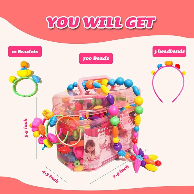 Arthopt Snap Pop Beads Jewelry Making Kit for Girls with 700+ pcs Arts and Crafts Toys for Kids 3-7 Years Old, DIY Snap Beads Bracelets Necklace Ring Toy Set Birthday Gifts for Girls 4 5 6 7 8-CubbioJoy