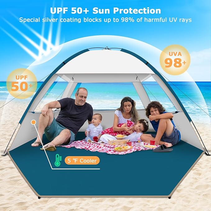 COMMOUDS Beach Tent Sun Shade for 3/4-5/6-7/8-10 Person, UPF 50+ Beach Sun Shelter Canopy Tent, Lightweight, Easy Set Up and Carry-CubbioJoy