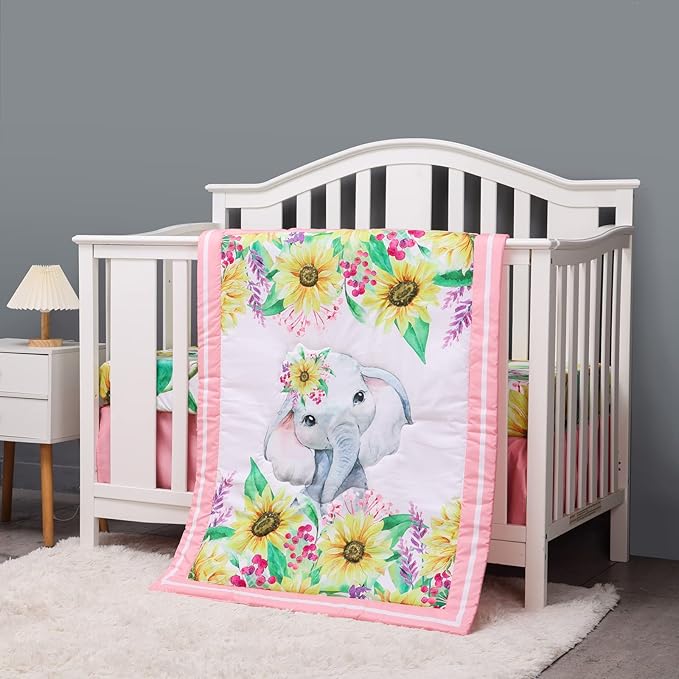 Cloele Crib Bedding Set for Baby Girls - 3 Piece Elephant Baby Bedding Set includes Pink Crib Skirt Crib Quilt Fitted Sheet - Sunflower Soft Nursery Comforter Bedding Set for Girls-CubbioJoy