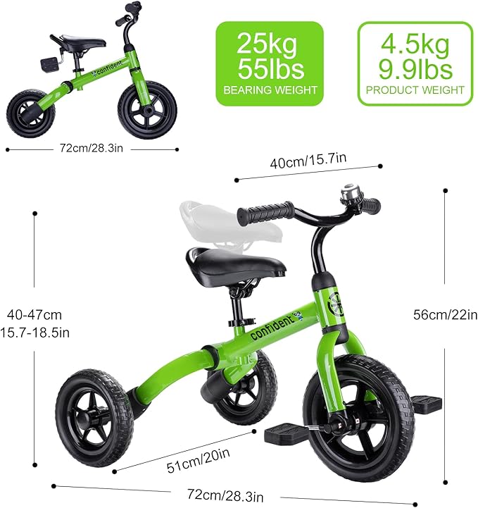 Ancaixin 3 in 1 Toddler Tricycles for 2-5 Years Old Boys and Girls with Adjustable Seat Detachable Pedal and Bell, Foldable Baby Balance Bike Riding Toys for Kids, Child Birthday Gift Green-CubbioJoy