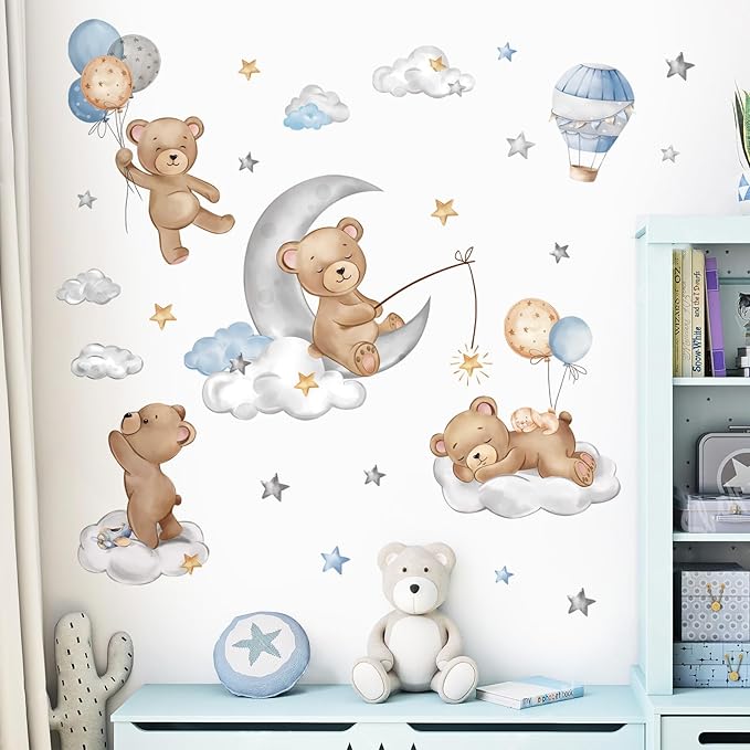 decalmile Bear Sleeping on The Moon Wall Decals Hot Air Balloon Animals Clouds Wall Stickers Baby Nursery Kids Bedroom Playroom Wall Decor-CubbioJoy