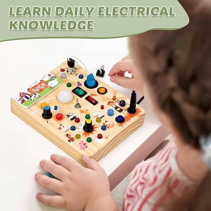 Joyreal Wooden Busy Board with LED Light, Montessori Toddler Toys, Wooden Sensory Board, Toddlers Activity Travel Toys for Boy & Girl Birthday Gift (Farm Theme)-CubbioJoy