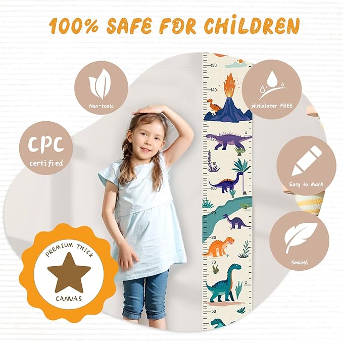 Customize Name Canvas Growth Chart for Kids, Dinosaur Unisex Kids Room Wall Decor, Measuring Height Chart, Wall Tape with Height Chart for Kids, Foldable Height Tracker, Lightweight-CubbioJoy