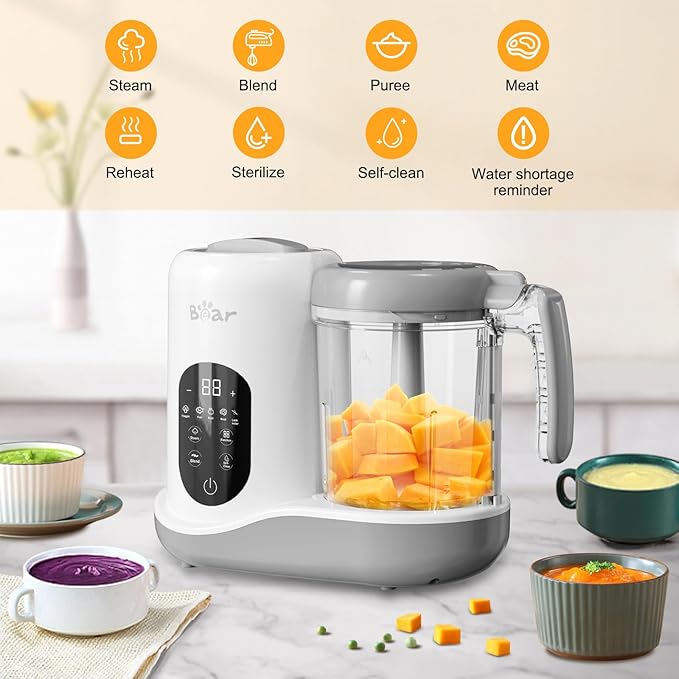 BEAR 2024 Baby Food Maker | One Step Baby Food Processor Steamer Puree Blender | Auto Cooking & Grinding | Baby Food Puree Maker with Self Cleans | Touch Screen Control, White-CubbioJoy