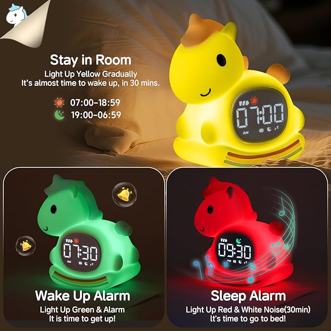 Cute Alarm Clock for Kids with Night Light, Sleep Training Clock Time to Wake Clock, Rechargeable Silicone Light for Bedroom, Perfect Sleep Companion for Boys Girls, Pink Pony-CubbioJoy