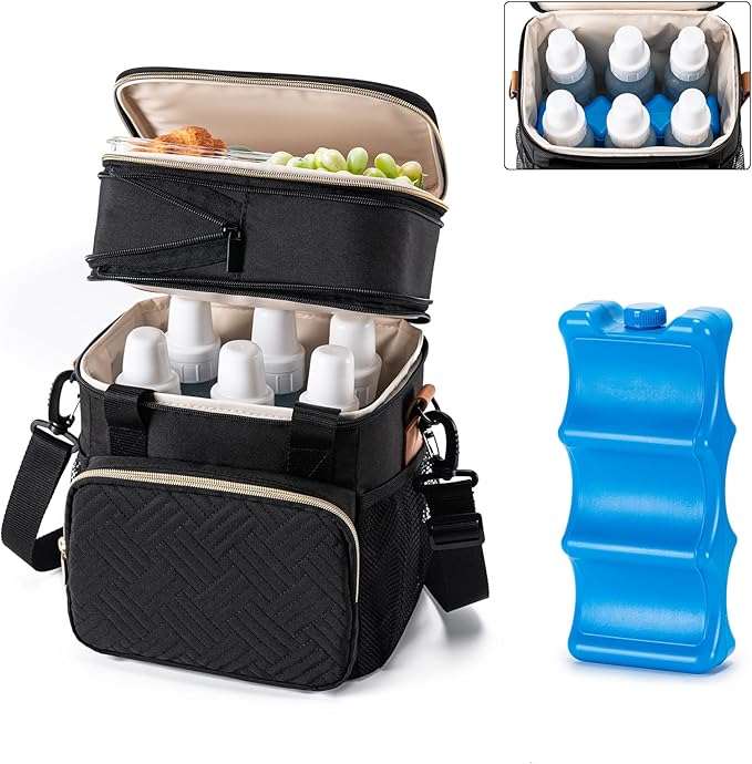 Breastmilk Cooler Bag with Ice Pack Fits 6 Baby Bottles Up to 9 Ounce, Expandable Double-Layer Leak-Proof Cooler Bag with Shoulder Strap for Nursing & Working Mom, Black-CubbioJoy