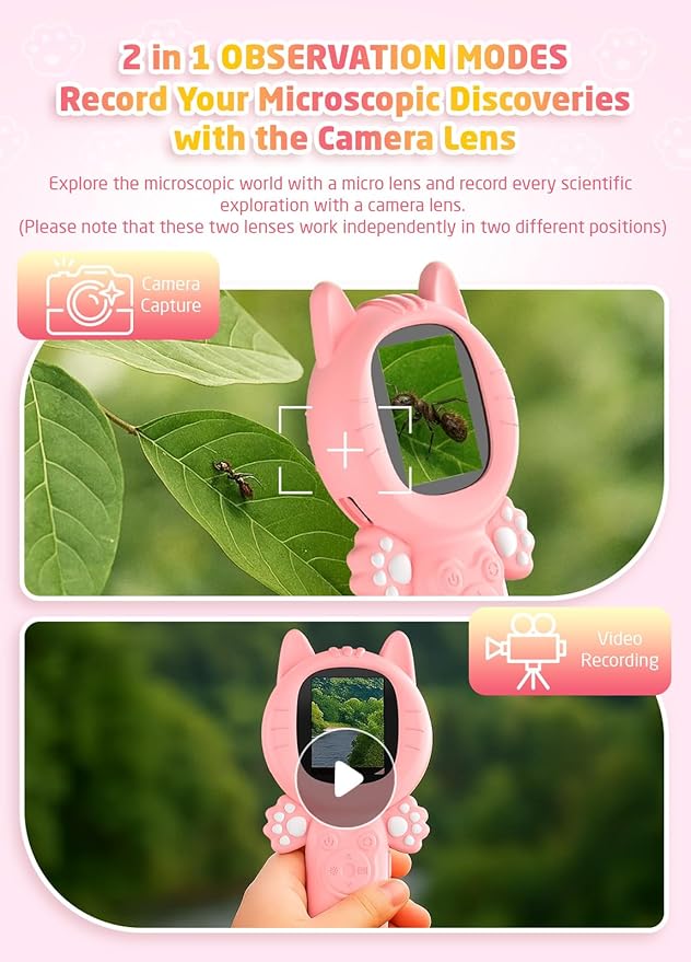 2-in-1 Microscope Camera for Kids, Mini Handheld Microscope Supporting Multiple Viewing Angles, Outdoor Educational Science Adventure Toys, Birthday Gifts for 3-10 Years Old Girls, Pink Cat-CubbioJoy