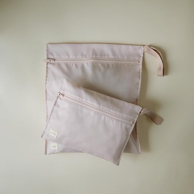 mushie Water Resistant Wet Bags | Large & Small Reusable Storage Bag for Baby Items and Travel | Zippered Pockets with Handle | Machine Washable, Set of 2 (Blush)-CubbioJoy