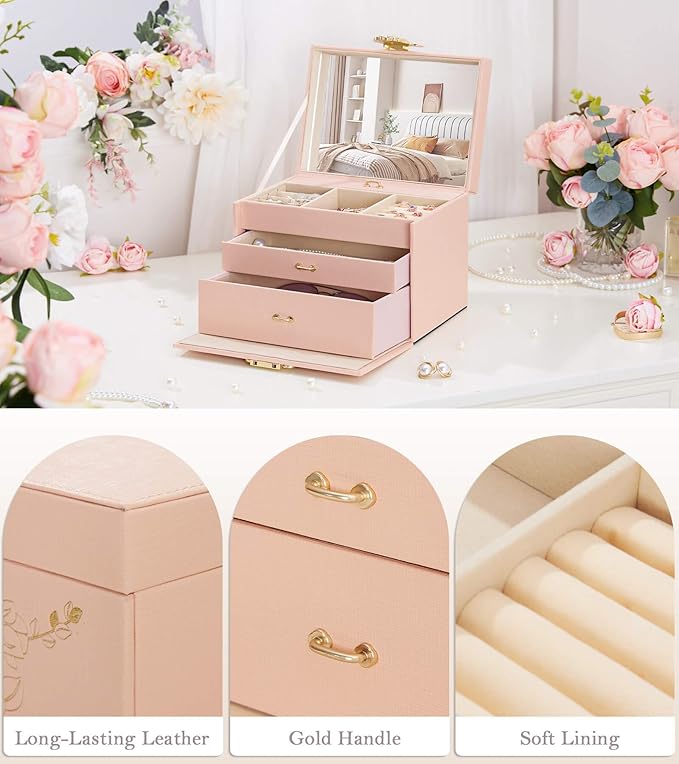 Jewelry Box with Lock for Girls: Jewelry Organizer for Dresser - 3-Drawer Earrings Storage Girls Women Gift (Peach Pink)-CubbioJoy