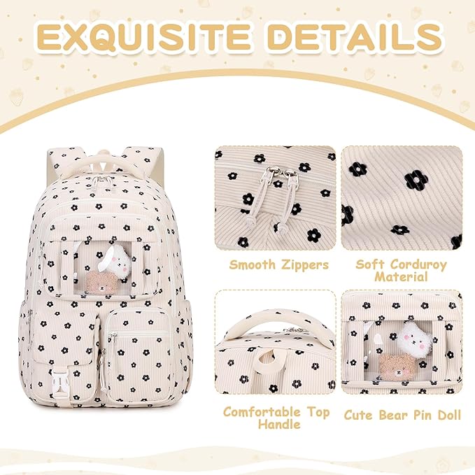 Corduroy Backpack Kids Backpack for Girls School Bags for Middle School Students Book Bag for Elementary Primary Kawaii Ita Backpack, Flower-CubbioJoy