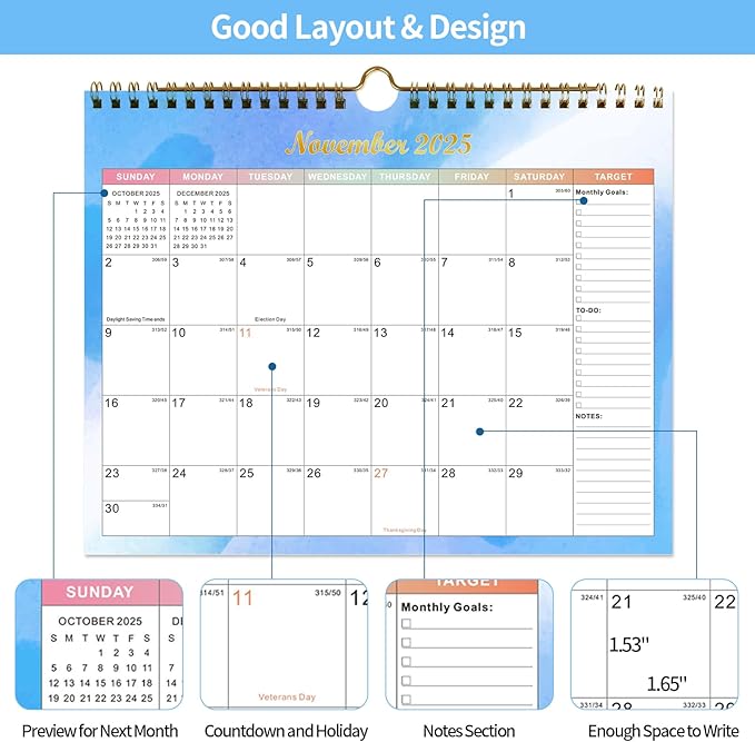 Calendar 2025-2027 22 Monthly Wall Calendar Runs from September 2025 until June 2027 Spiral Binding Hanging 11.5" x 14.7" Thick Paper with Julian Dates and Block for School Office（Colorful）-CubbioJoy