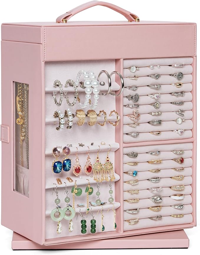 AKOZLIN 360° Rotating Jewelry Box 6-Tier Organizer Functional Jewelry Storage Case for Women Girls Ring Necklace Earring Bracelet Holder with Mirror Pink-CubbioJoy
