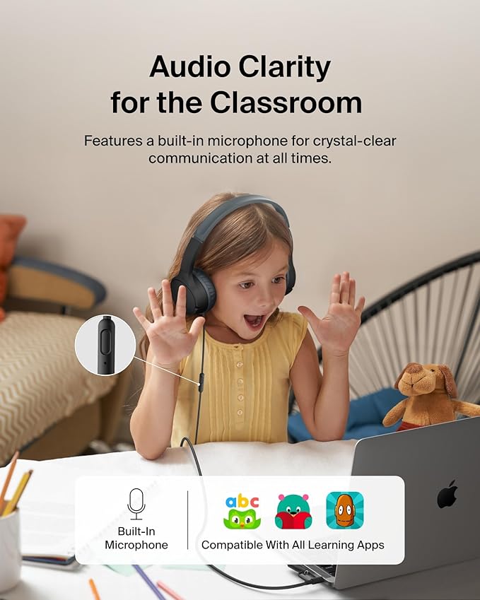 Belkin SoundForm Mini Kids Wired Headphones w/USB C to 3.5mm Dongle, Built-in Mic & Fun Stickers, 85dB Max Volume – for Online Learning, Travel, Compatible w/iPhone 16, iPad, Galaxy S25, etc - Black-CubbioJoy