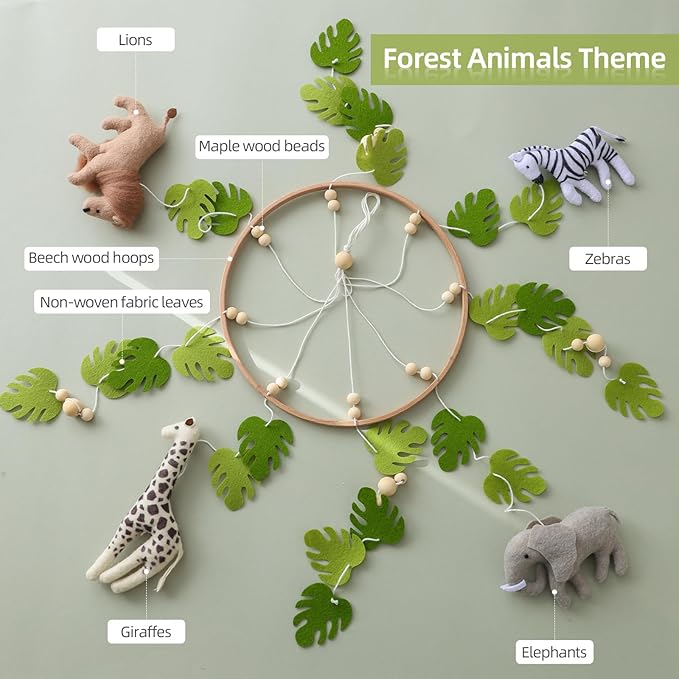 Baby Mobile for Crib Safari Nursery Mobile Handmade Jungle Baby Mobile Woodland Nursery Decor Forest Animals Crib Accessories with Lion Elephant Zebra Giraffe-CubbioJoy