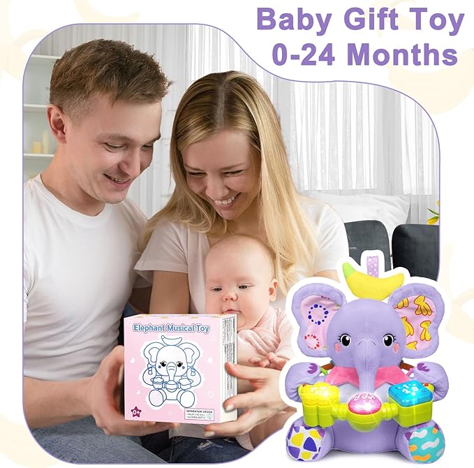 Baby Elephant Musical Stuffed Animals Toy with Light-Up Music & Crinkle Sound Paper,Infant Bilingual Early Learning Education Toys,Tummy Time Toys for 0-3-6-12+ Months Boy Girl, Purple-CubbioJoy