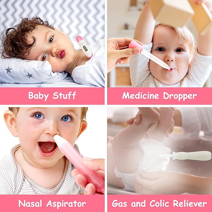 28 in 1 Baby Healthcare and Grooming Kit, Infant Baby Nursery Kit Electric Nail Trimmer Set with Gas Colic Passer Nasal Aspirator Nail Clipper Hair Brush Comb for Newborn Girls Boys (Pink)-CubbioJoy