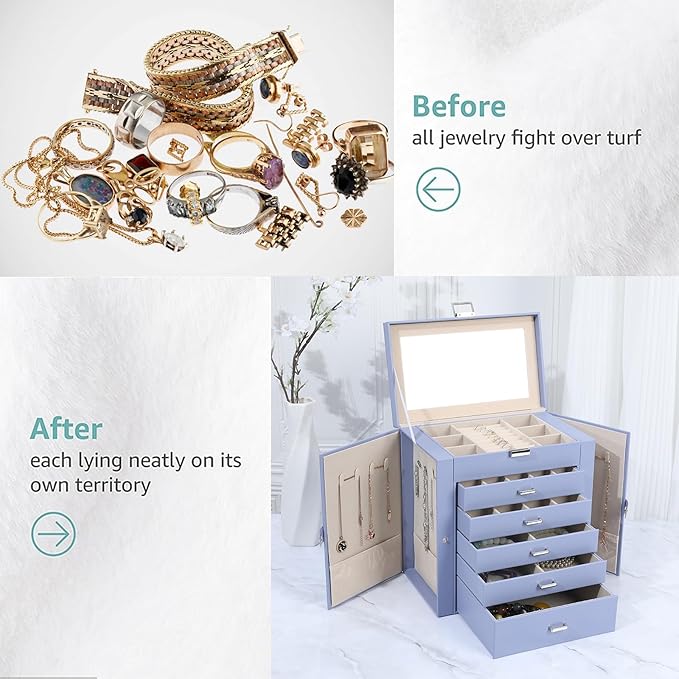 BOOVO Jewelry Box For women, 6 Layer Large Jewelry Organizer With Mirror, Multi-Function Storage Box With Lock, Accessory Holder With 5 Drawers, For Earrings Necklace Ring Bracelet (Purple)-CubbioJoy