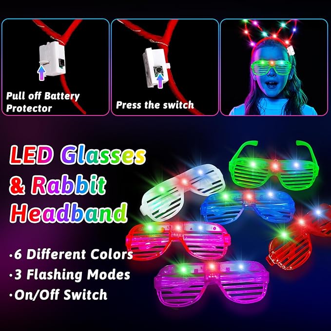 156PCS Glow in The Dark Party Supplies for Kids 8-12, Light Up Glasses Headband Rings Halloween Party Favor Adult, 100 Glow Sticks Bulk Party Pack DIY Necklaces Bracelets Neon Camping Pool Decorations-CubbioJoy