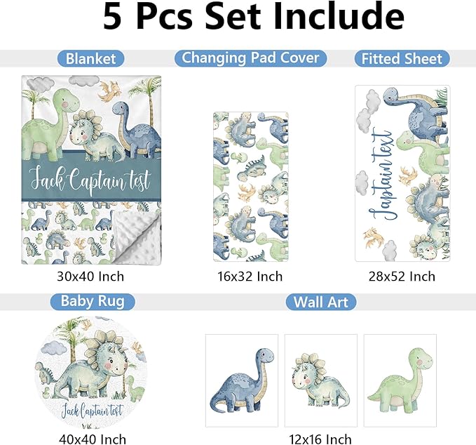Custom Baby Crib Bedding Set, 5 Pcs Personalized Name Green Dino Baby Crib Set for Kid Infant Toddler, Double Layer Customized Present-CubbioJoy