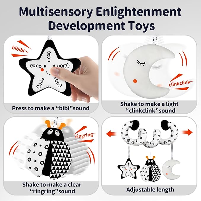 Car Seat Toys for Babies 0-6 Months,Hanging Rattle Toys for Crib Mobile, Baby Spiral Hanging Stroller Black and White High Contrast Toys for Newborn 0 3 6 9 12 Months Baby Boys Girls (Bug)-CubbioJoy